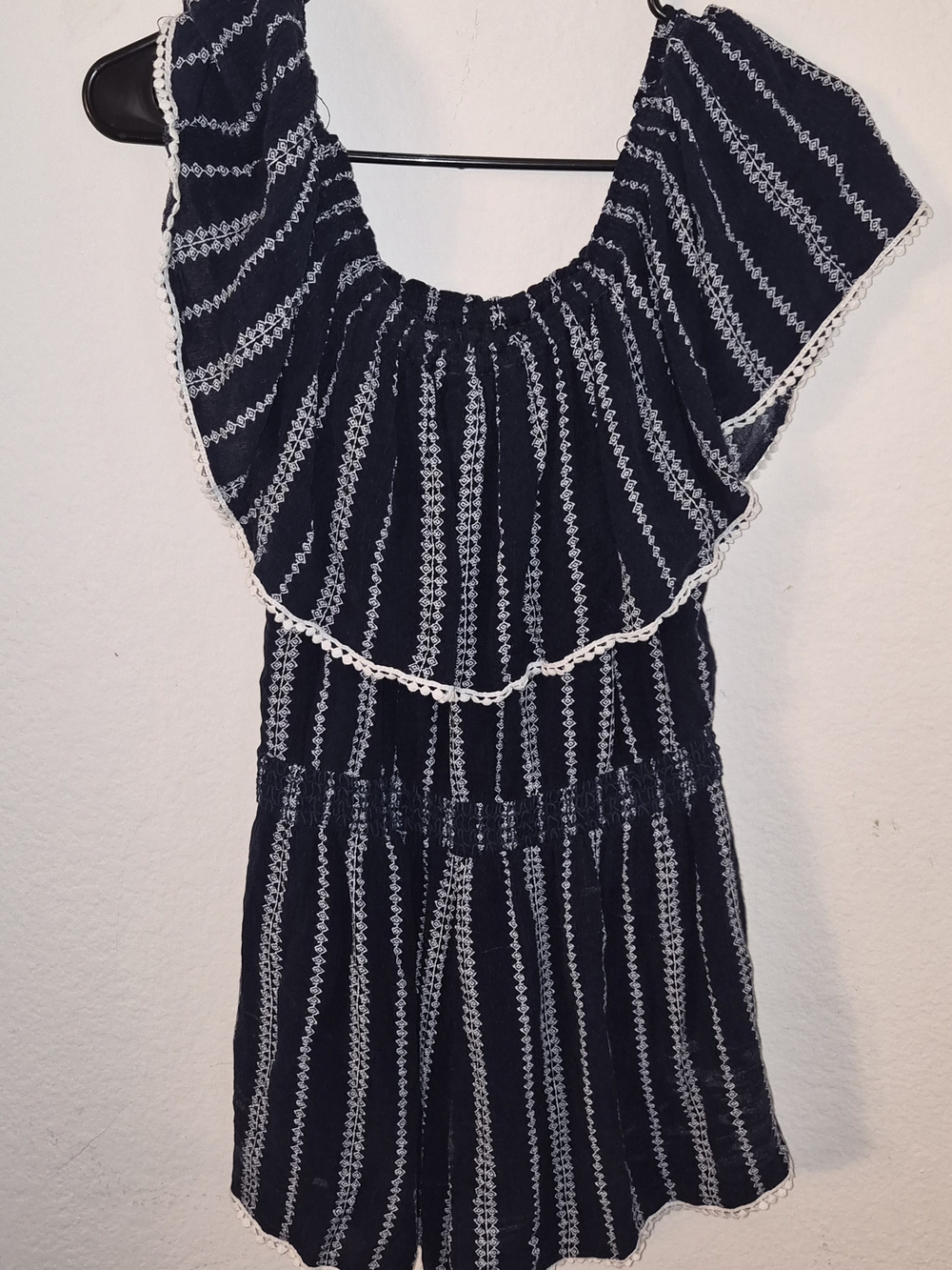 Lulu's Navy Blue Striped Off-Shoulder Romper with White Trim
